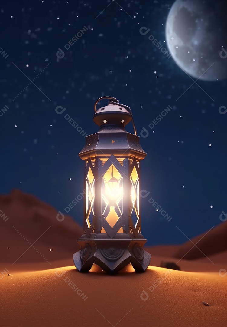 Lanterna realista Eid Saudações, Lua Crescente e Lanternas Iluminadas em um Fundo Sereno.