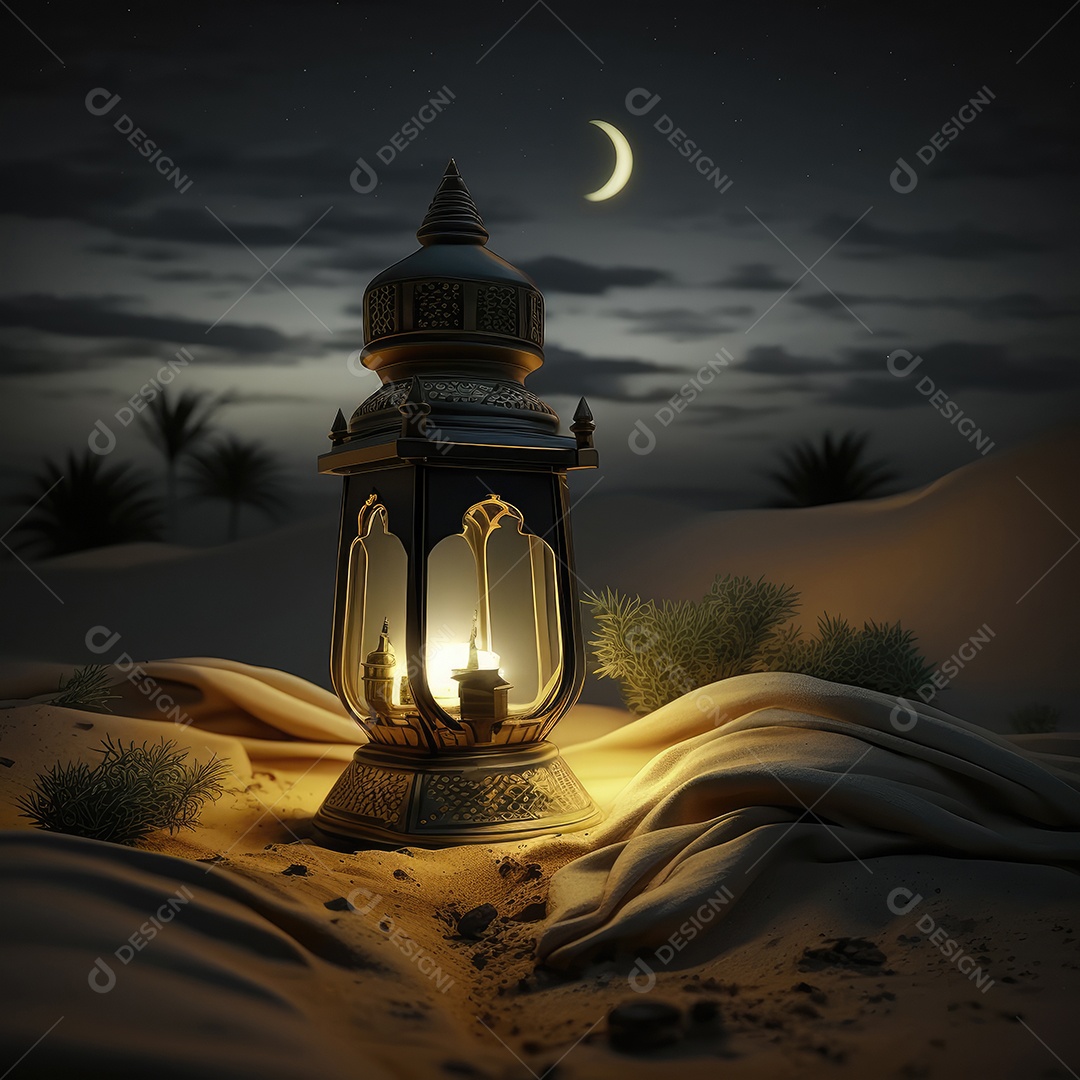 Lanterna realista Eid Saudações, Lua Crescente e Lanternas Iluminadas em um Fundo Sereno.