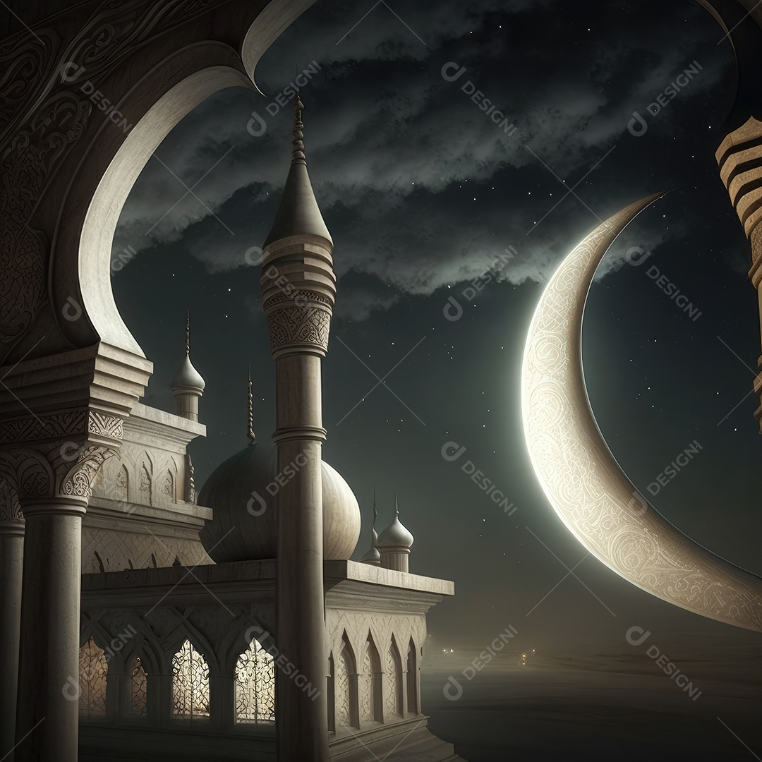 Lanterna realista Eid Saudações, Lua Crescente e Lanternas Iluminadas em um Fundo Sereno.