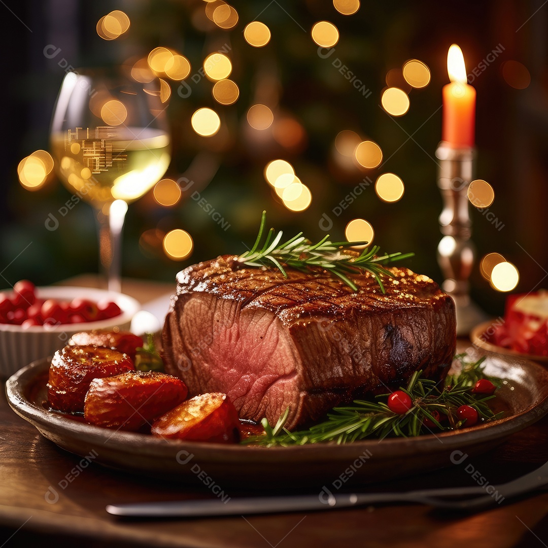 Bife de filé grelhado servido com tomate e legumes assados. Bife com grelhado, fundo de aquecimento bokeh.