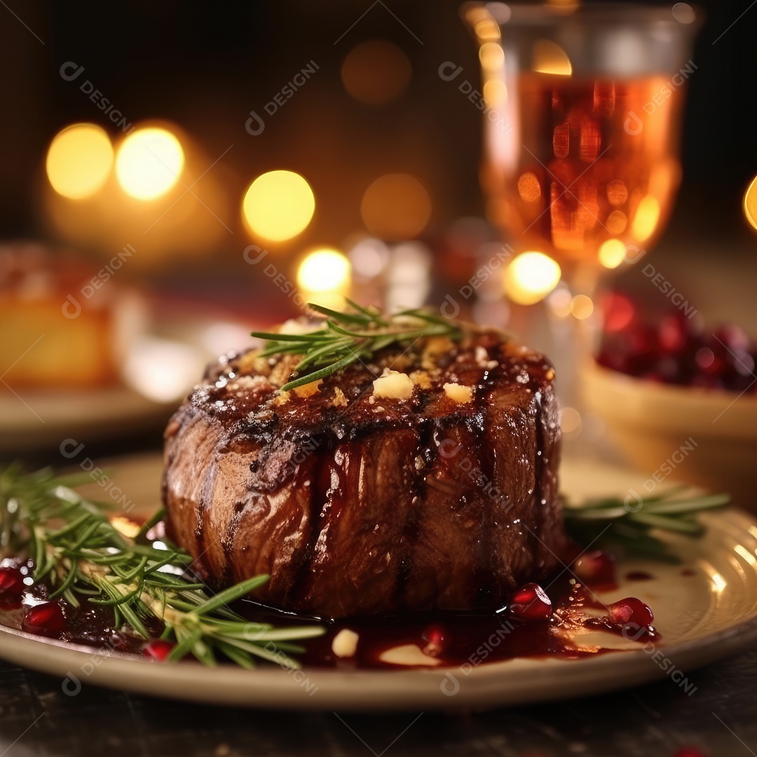 Bife de filé grelhado servido com tomate e legumes assados. Bife com grelhado, fundo de aquecimento bokeh.