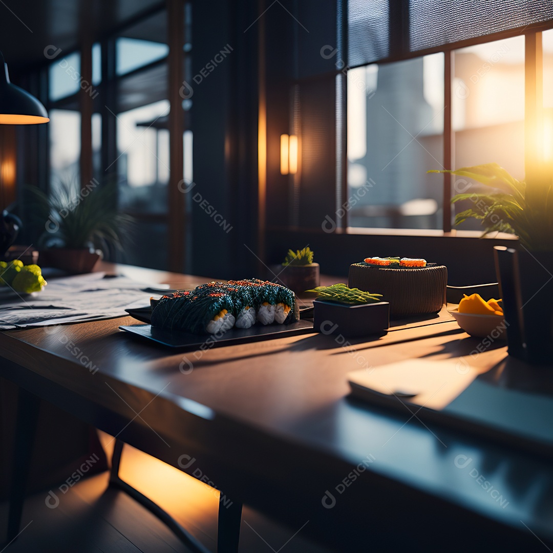 Comida japonesa sobre uma mesa de madeira