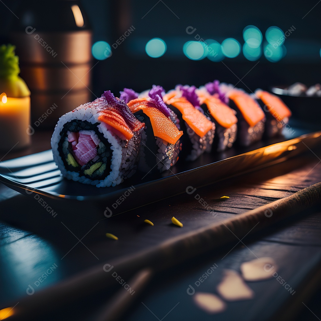 Comida japonesa sobre uma mesa de madeira