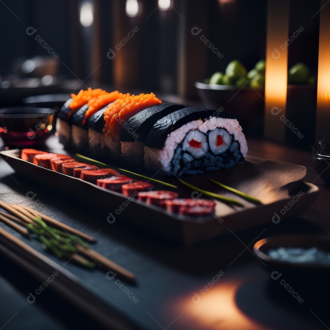 Comida japonesa sobre uma mesa de madeira