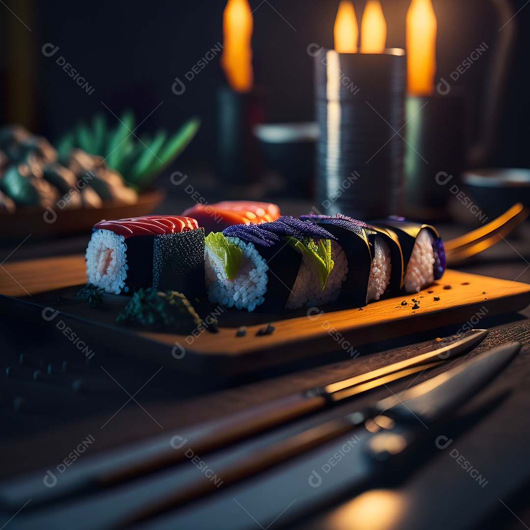 Comida japonesa sobre uma mesa de madeira