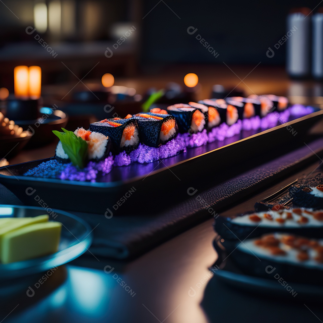 Comida japonesa sobre uma mesa de madeira