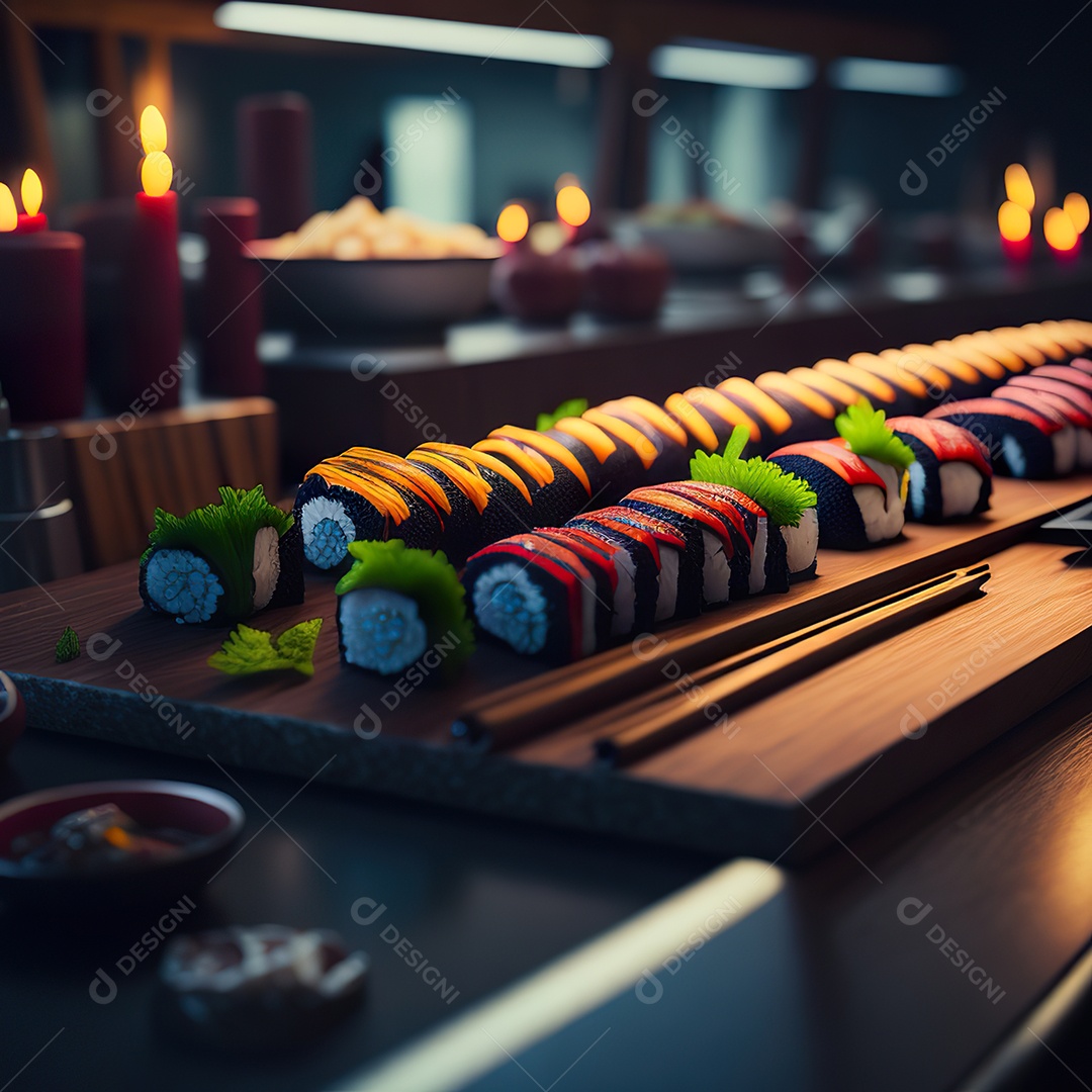 Comida japonesa sobre uma mesa de madeira