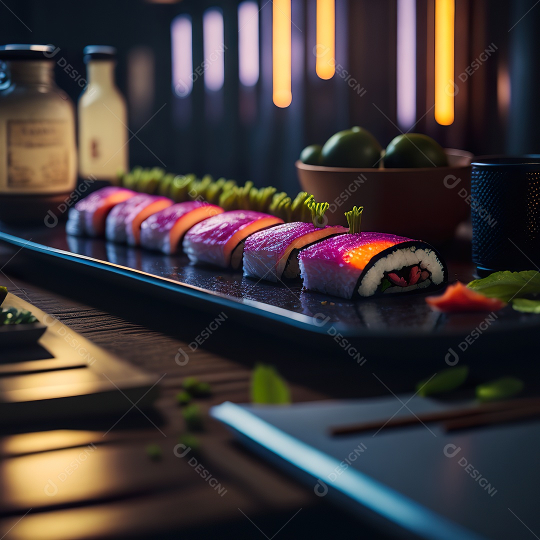 Comida japonesa sobre uma mesa de madeira