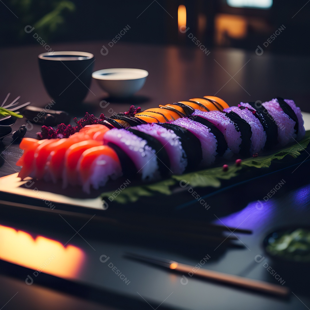 Comida japonesa sobre uma mesa de madeira