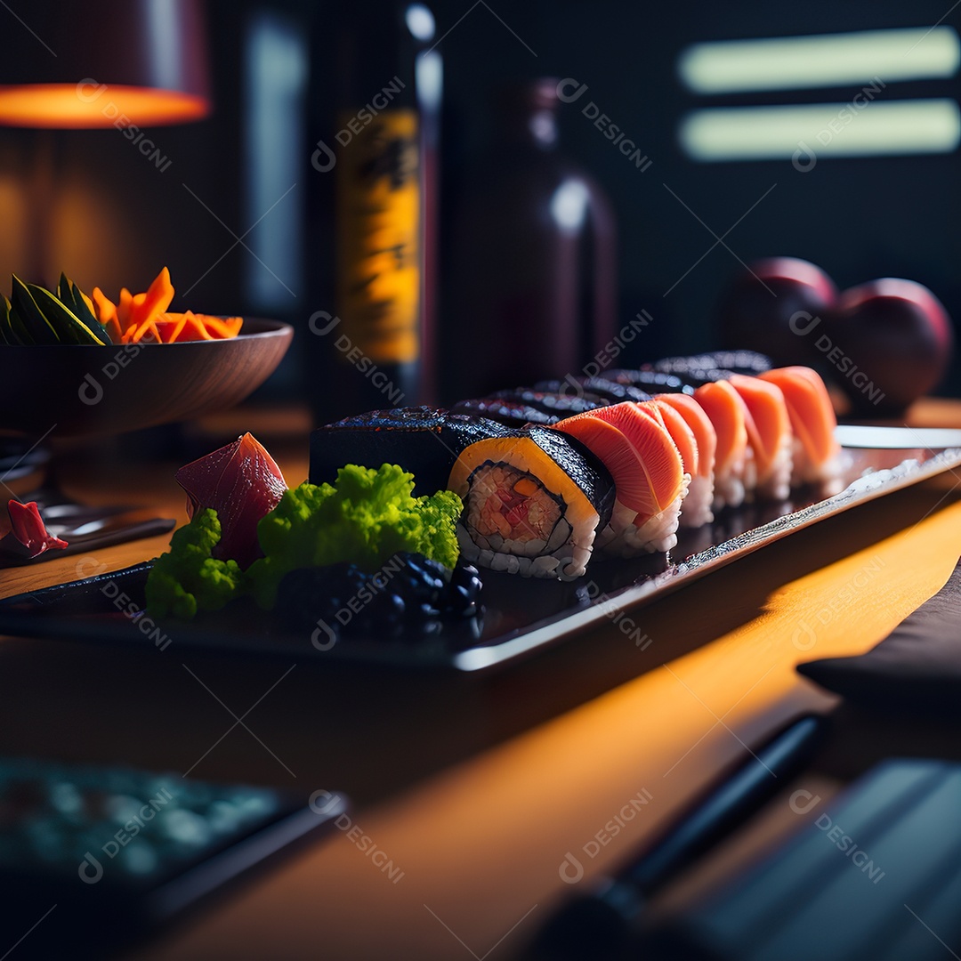 Comida japonesa sobre uma mesa de madeira