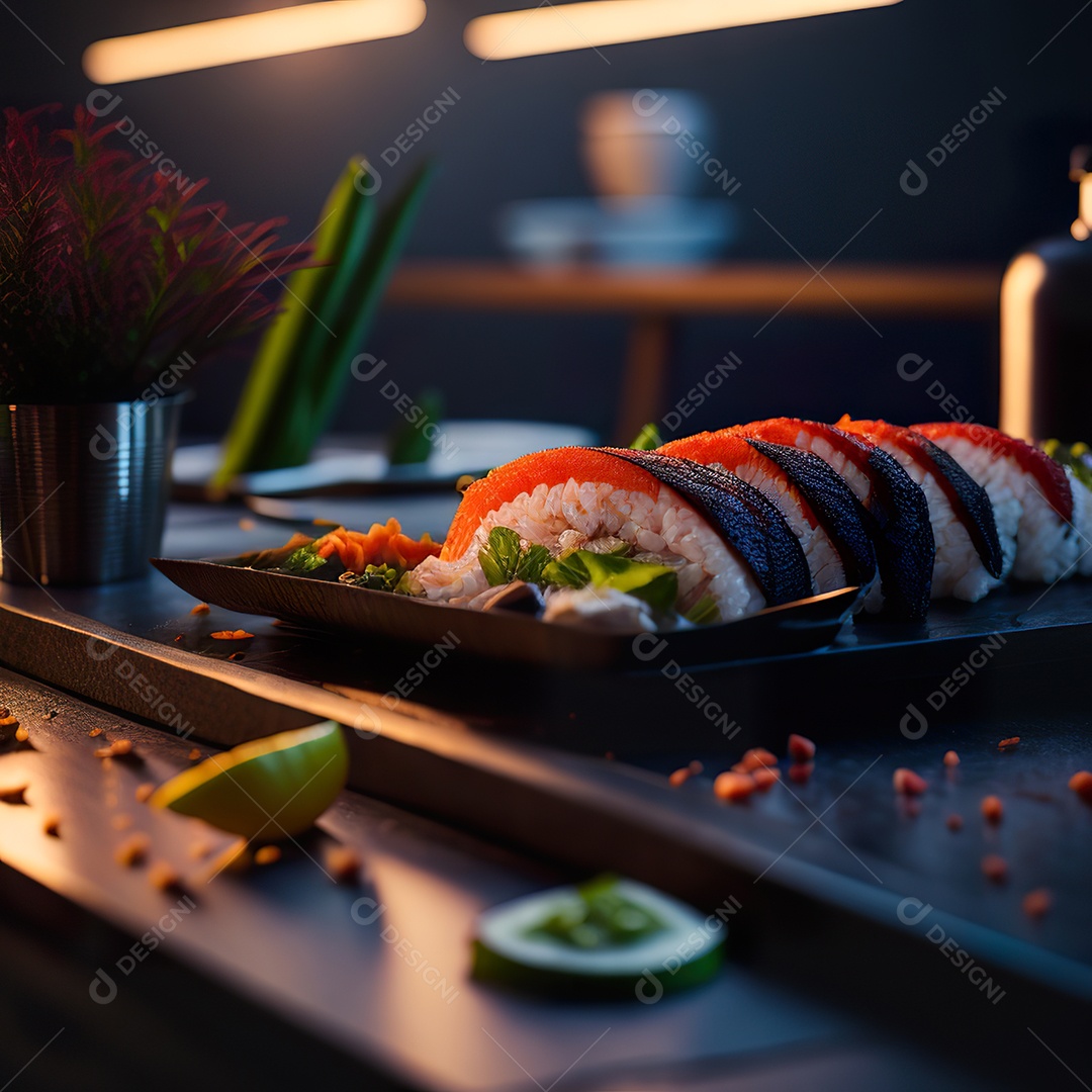 Comida japonesa sobre uma mesa de madeira