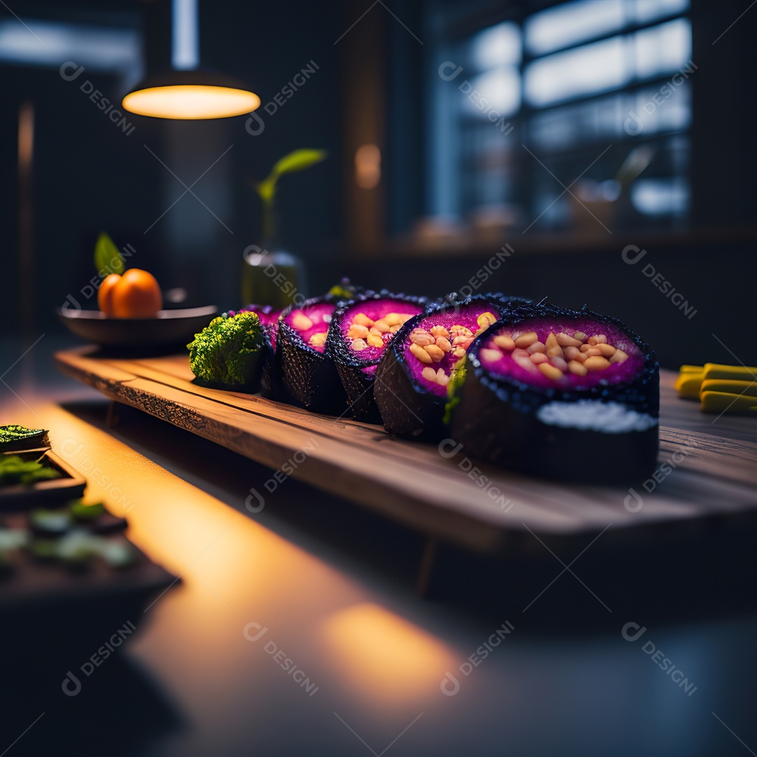 Comida japonesa sobre uma mesa de madeira