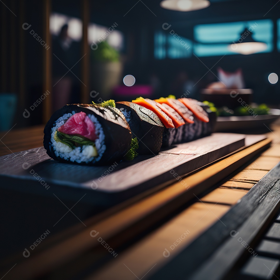 Comida japonesa sobre uma mesa de madeira