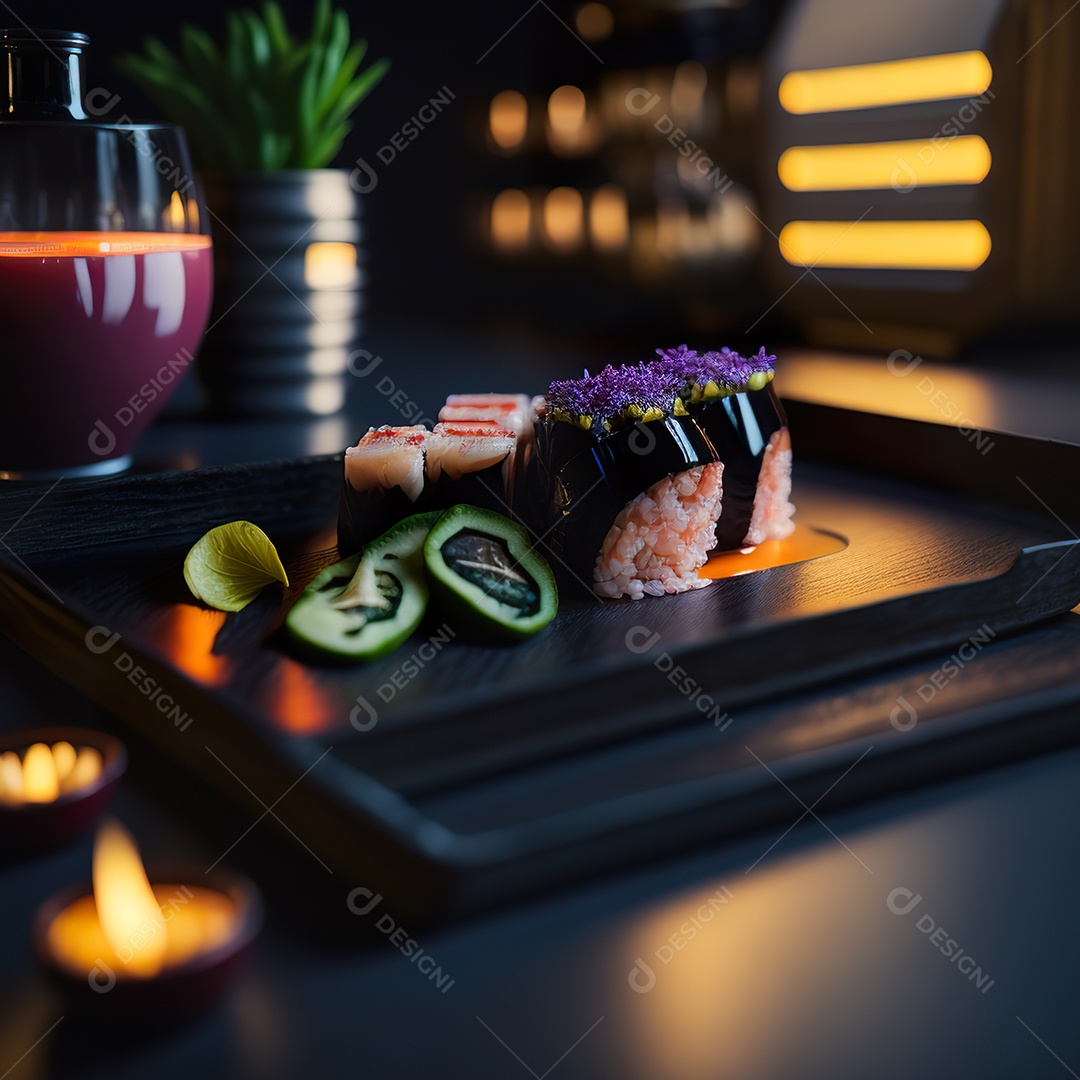 Comida japonesa sobre uma mesa de madeira