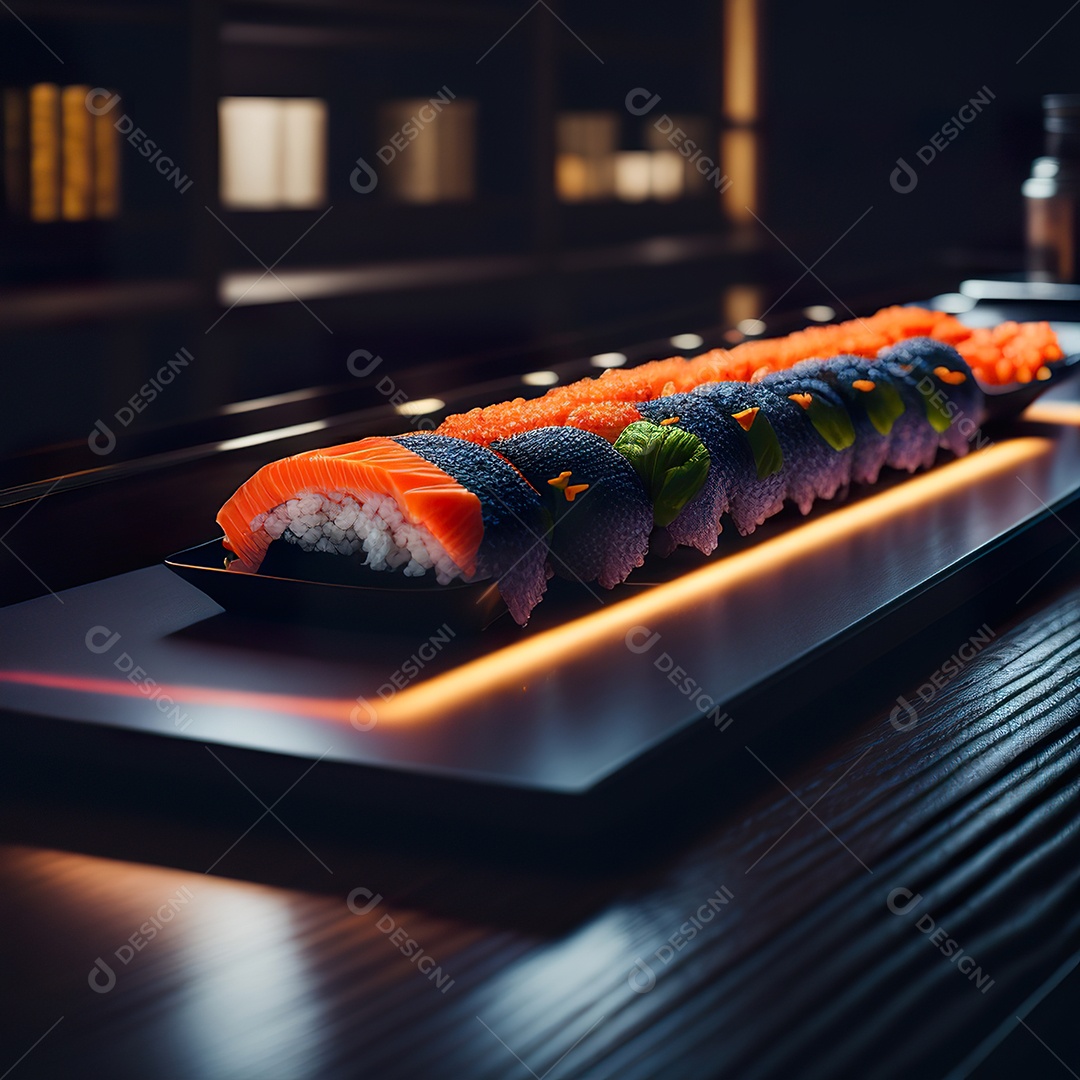 Comida japonesa sobre uma mesa de madeira