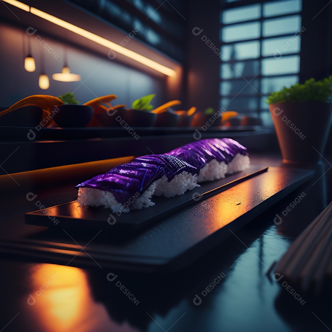 Comida japonesa sobre uma mesa de madeira