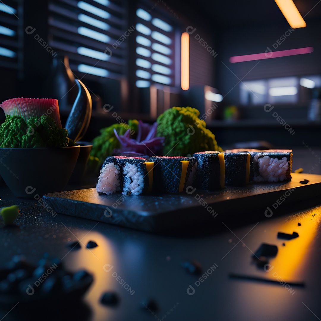 Comida japonesa sobre uma mesa de madeira