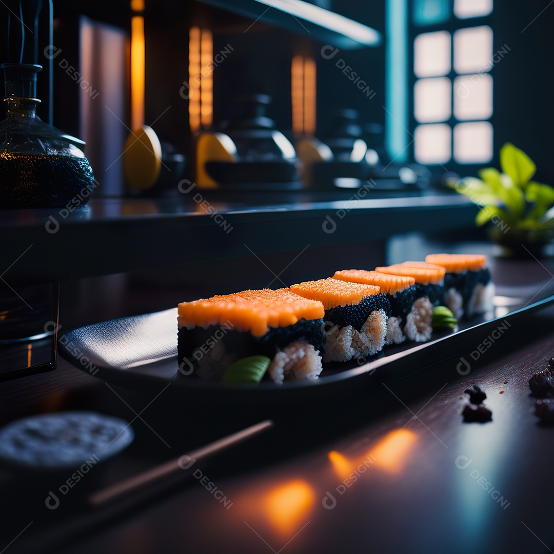 Comida japonesa sobre uma mesa de madeira