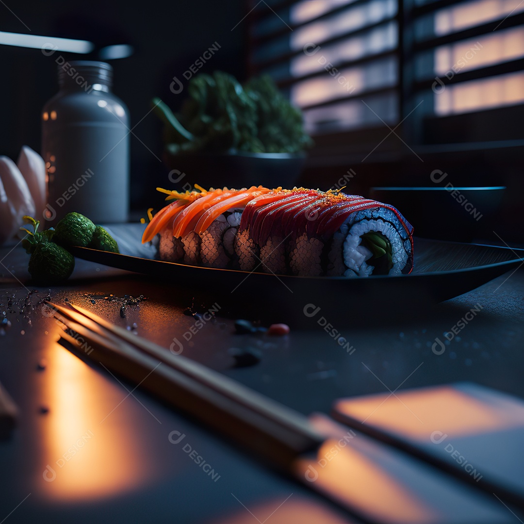 Comida japonesa sobre uma mesa de madeira
