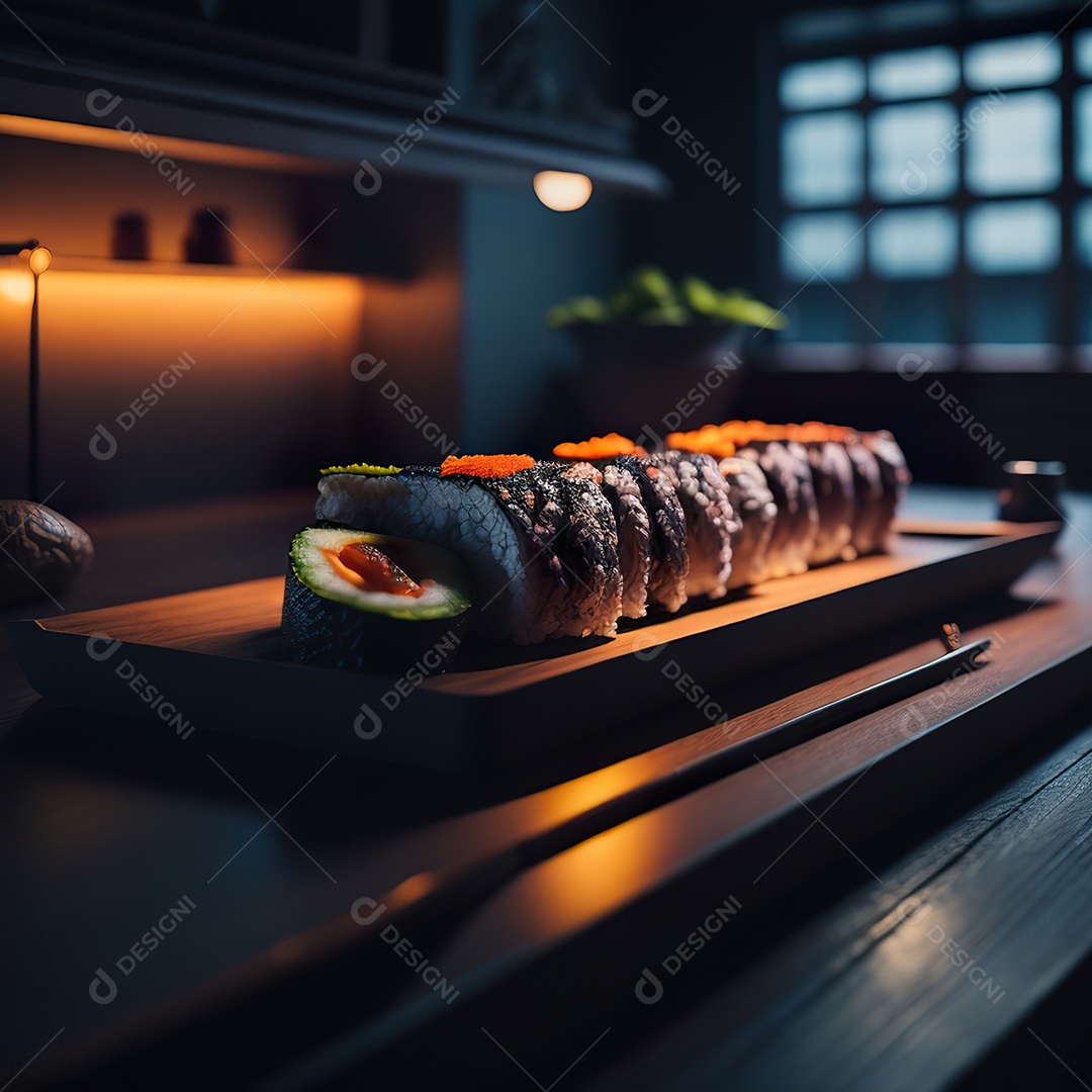 Comida japonesa sobre uma mesa de madeira