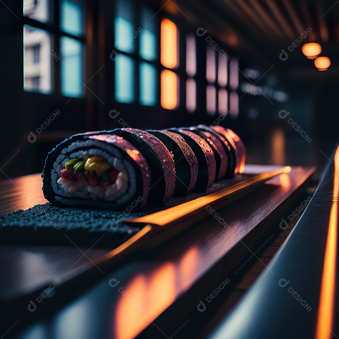 Comida japonesa sobre uma mesa de madeira