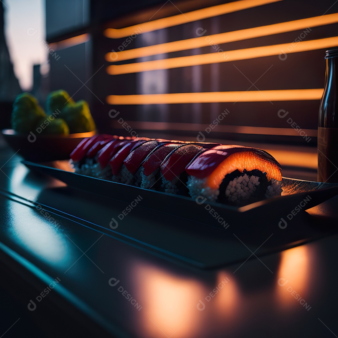 Comida japonesa sobre uma mesa de madeira