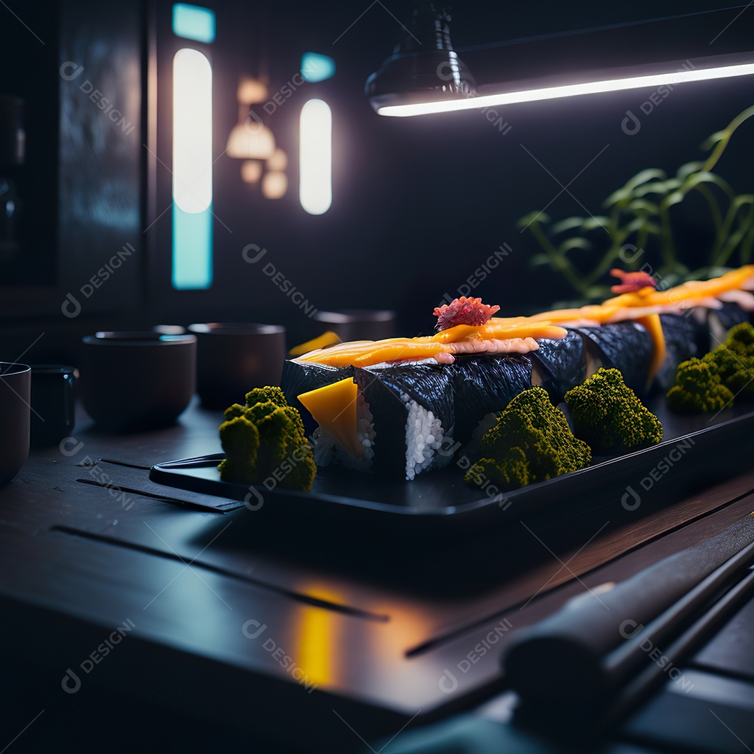 Comida japonesa sobre uma mesa de madeira