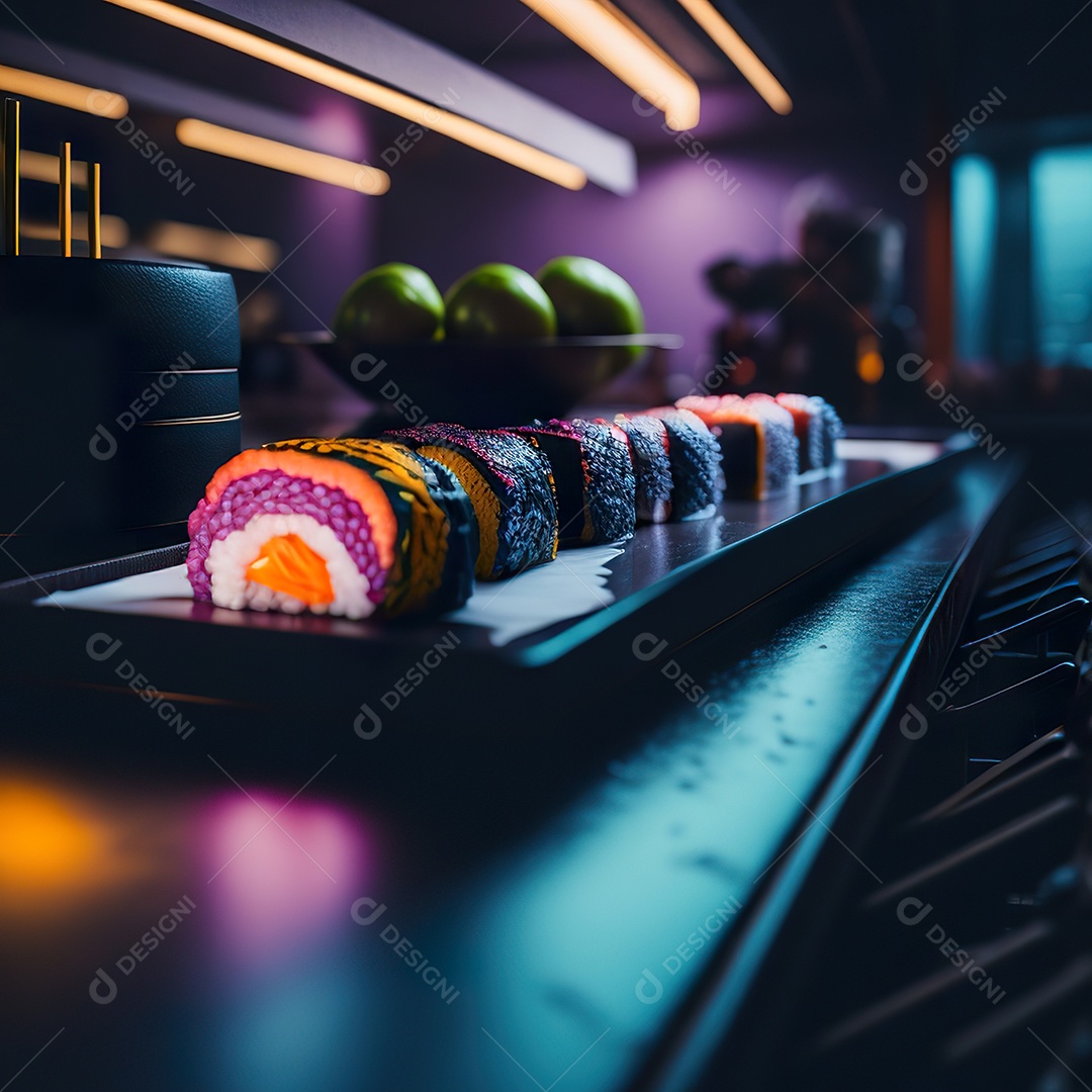 Comida japonesa sobre uma mesa de madeira