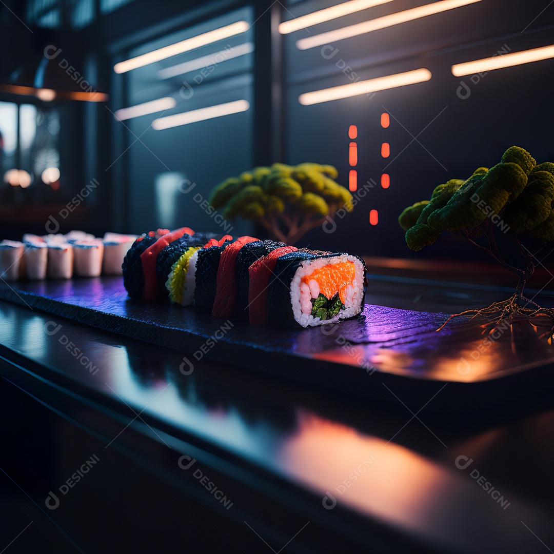 Comida japonesa sobre uma mesa de madeira