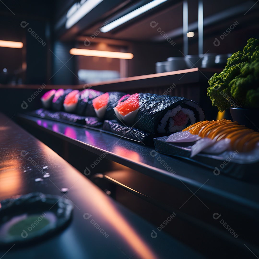 Comida japonesa sobre uma mesa de madeira