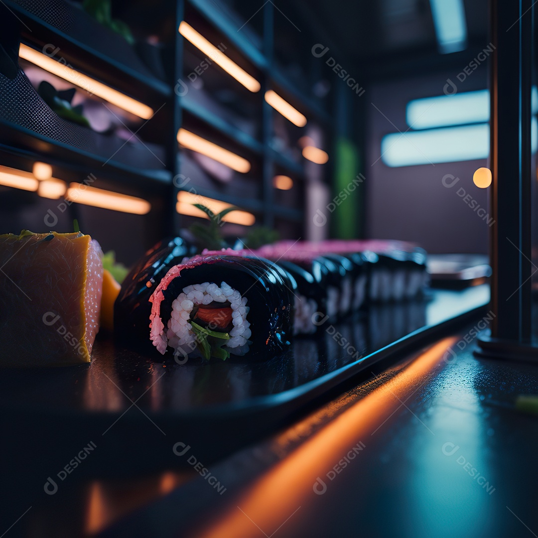 Comida japonesa sobre uma mesa de madeira