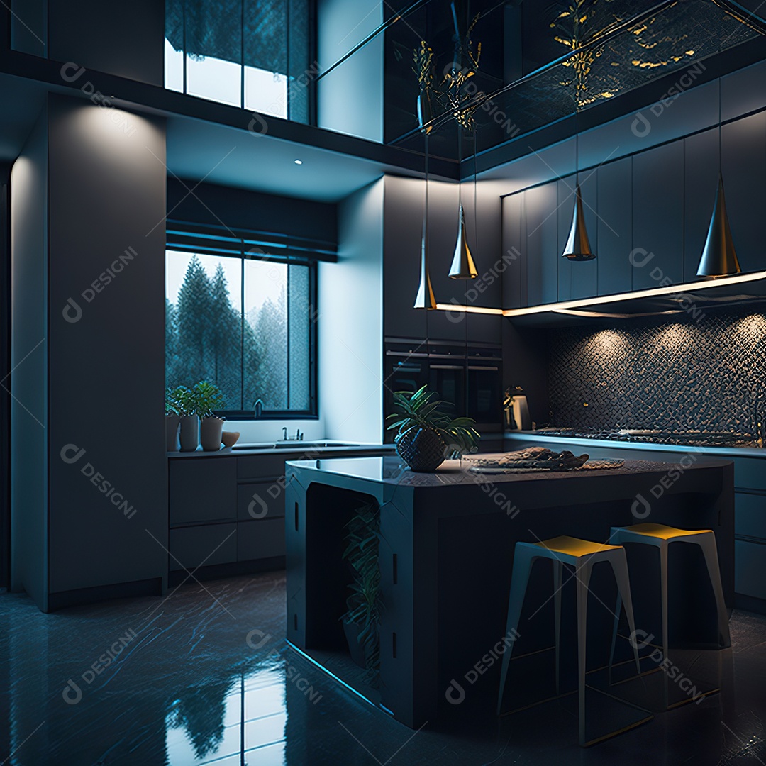 Retrato de cozinha escura decorada