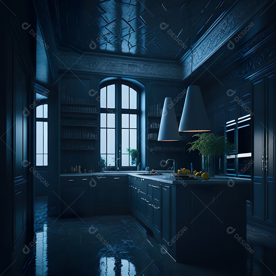 Retrato de cozinha escura decorada