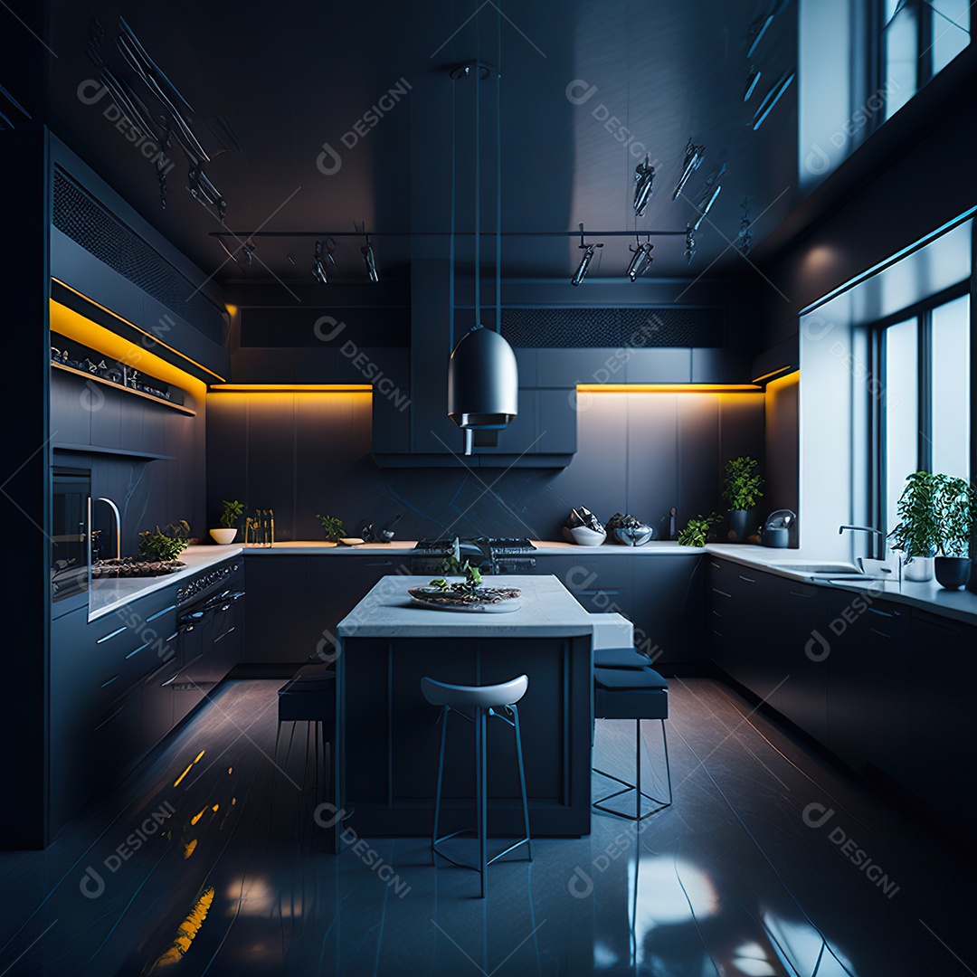 Retrato de cozinha escura decorada