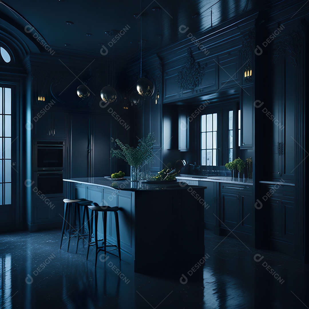 Retrato de cozinha escura decorada