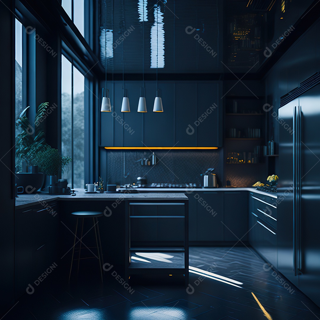 Retrato de cozinha escura decorada