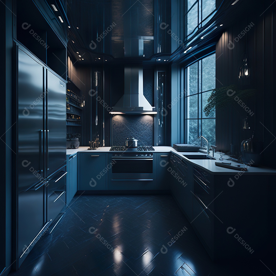 Retrato de cozinha escura decorada