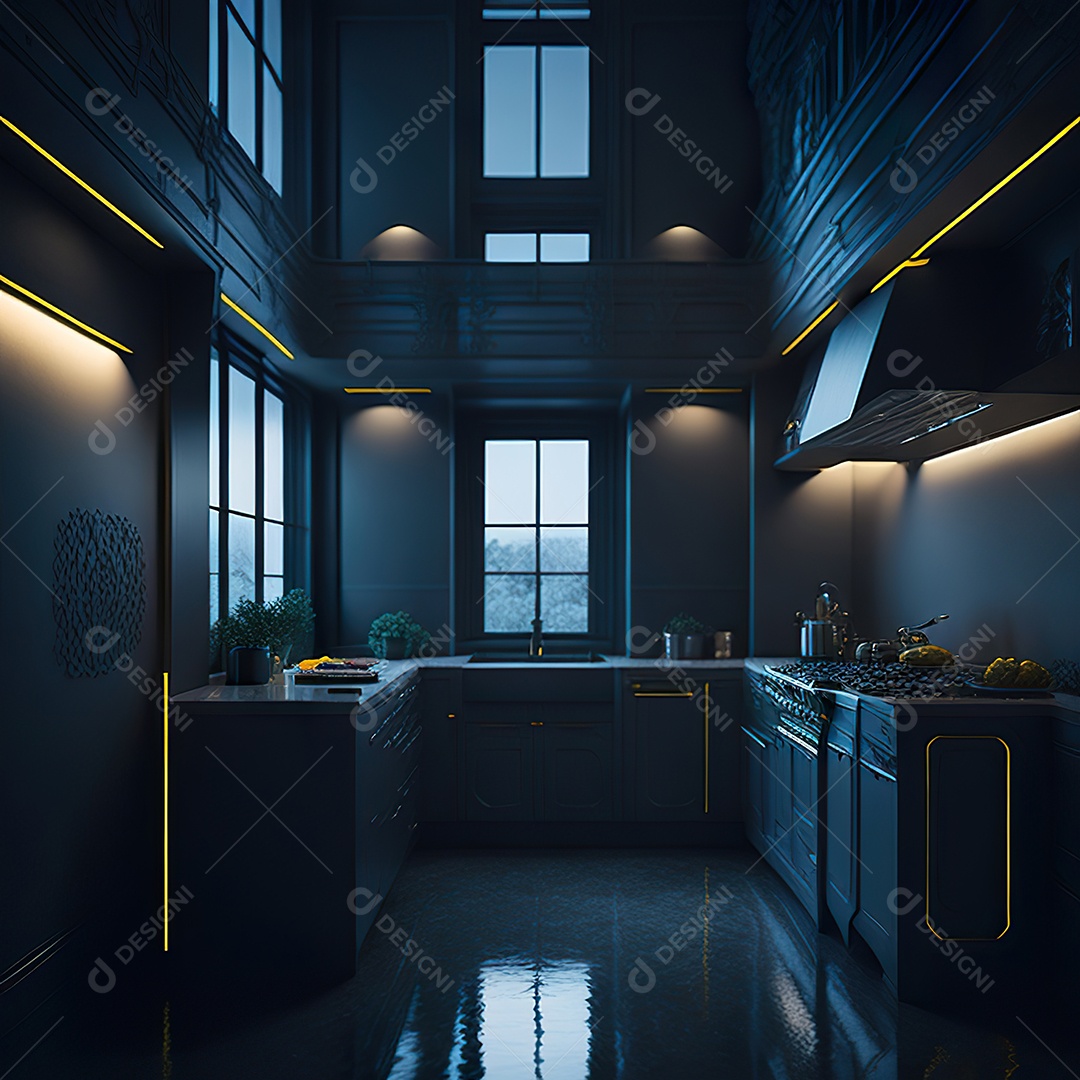 Retrato de cozinha escura decorada