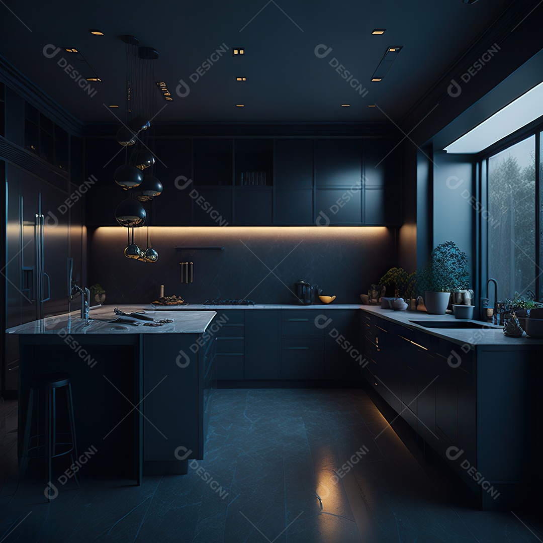 Retrato de cozinha escura decorada