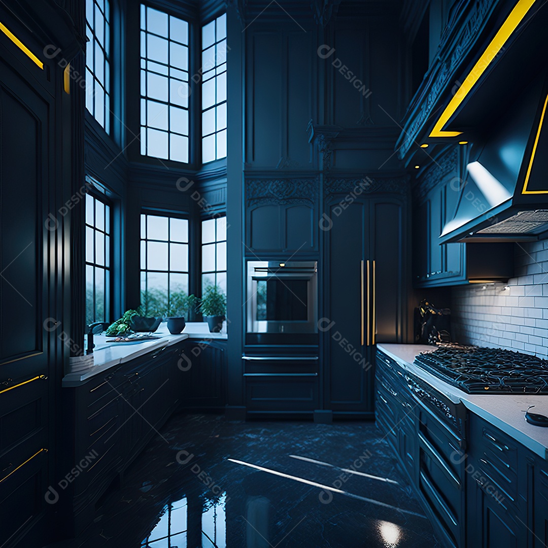 Retrato de cozinha escura decorada