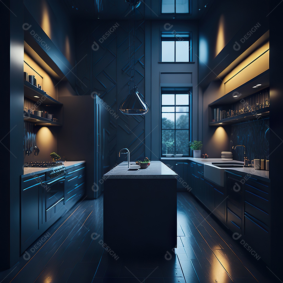 Retrato de cozinha escura decorada