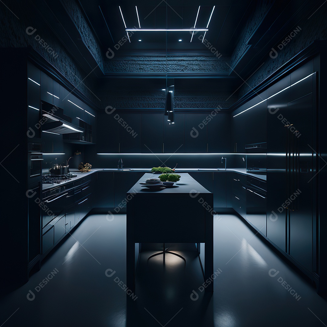 Retrato de cozinha escura decorada