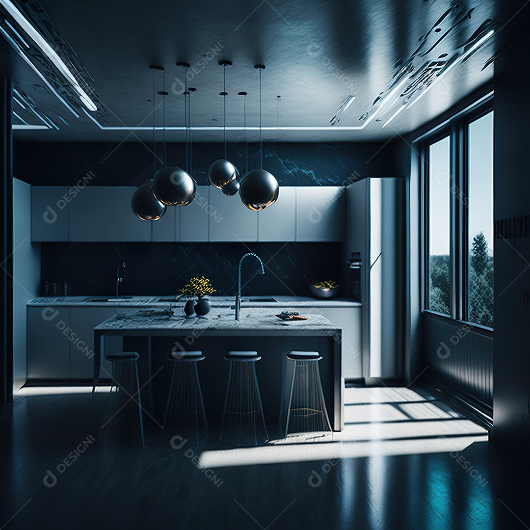 Retrato de cozinha escura decorada