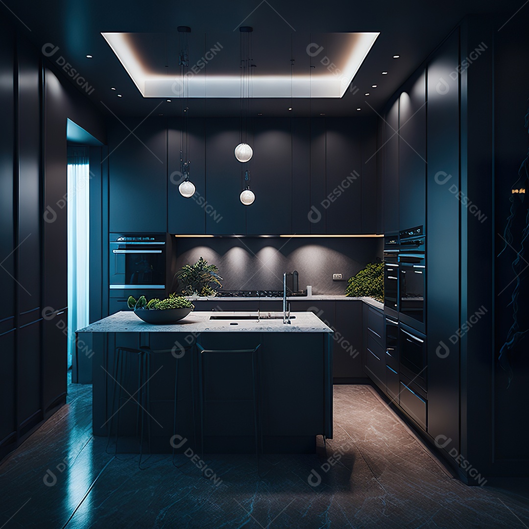 Retrato de cozinha escura decorada