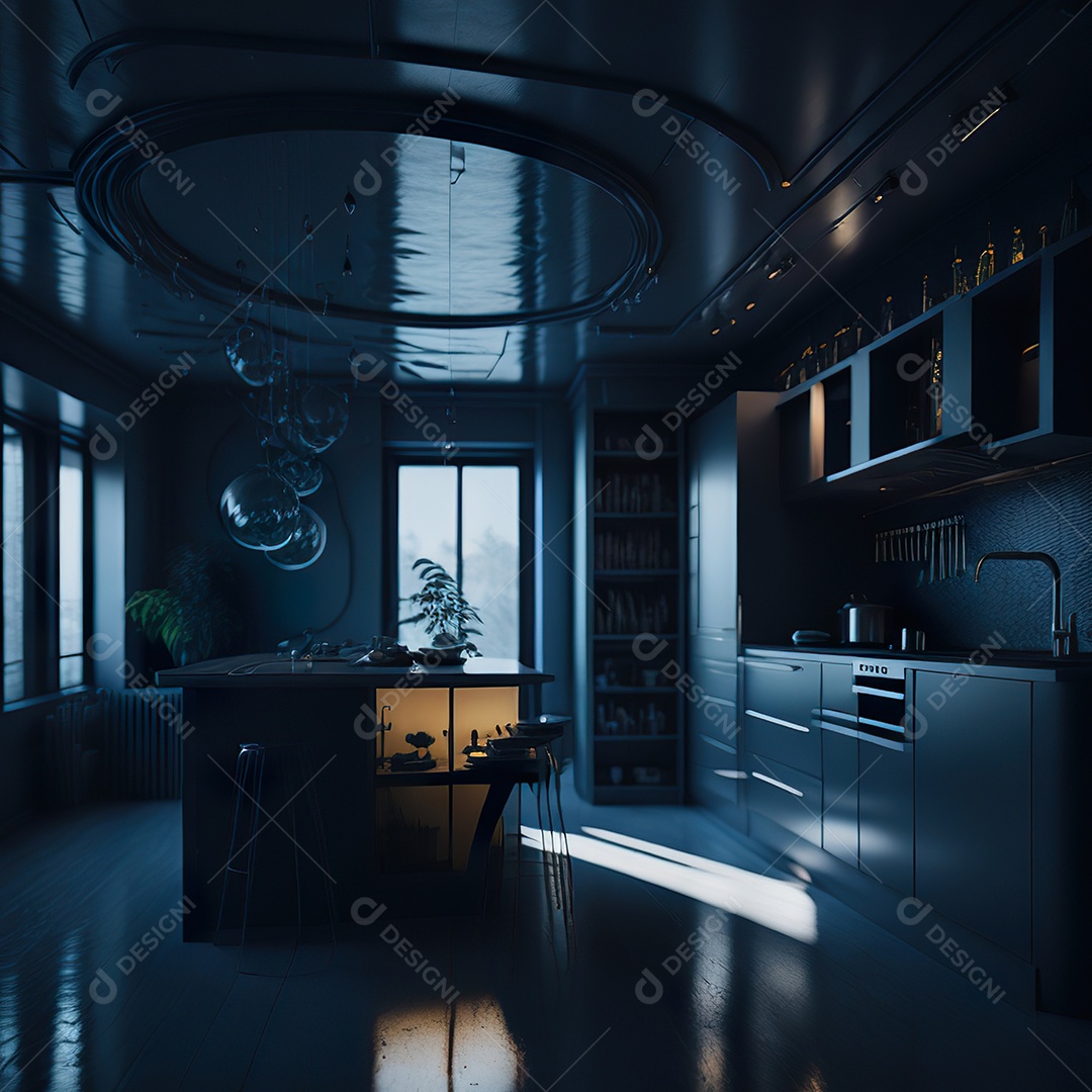 Retrato de cozinha escura decorada