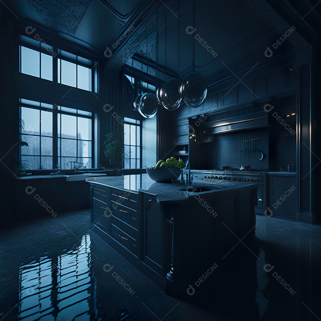 Retrato de cozinha escura decorada