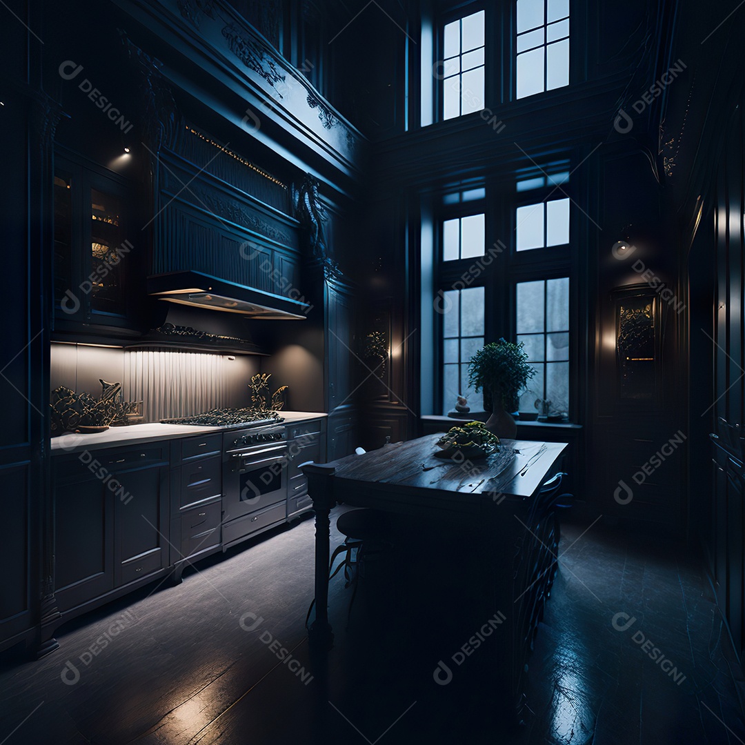 Retrato de cozinha escura decorada