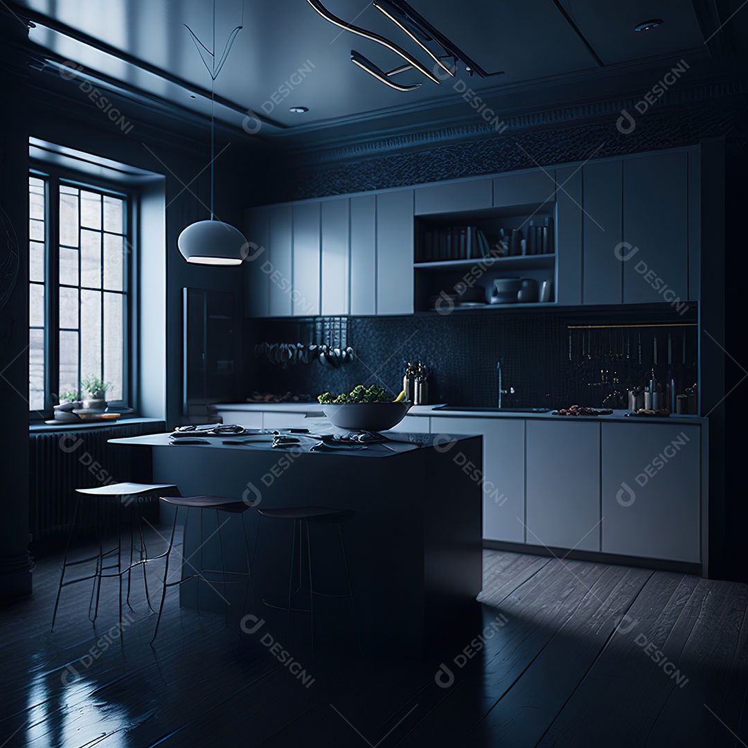 Retrato de cozinha escura decorada