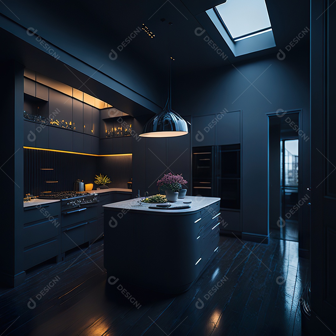 Retrato de cozinha escura decorada