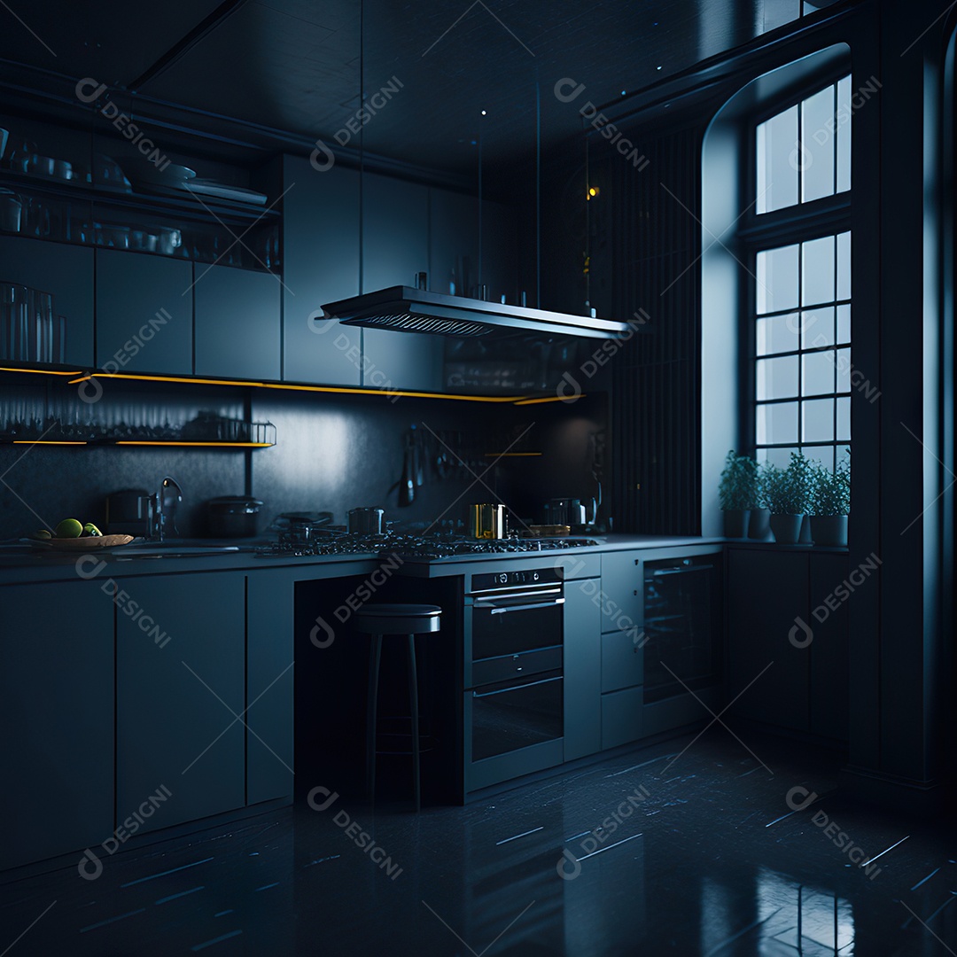 Retrato de cozinha escura decorada